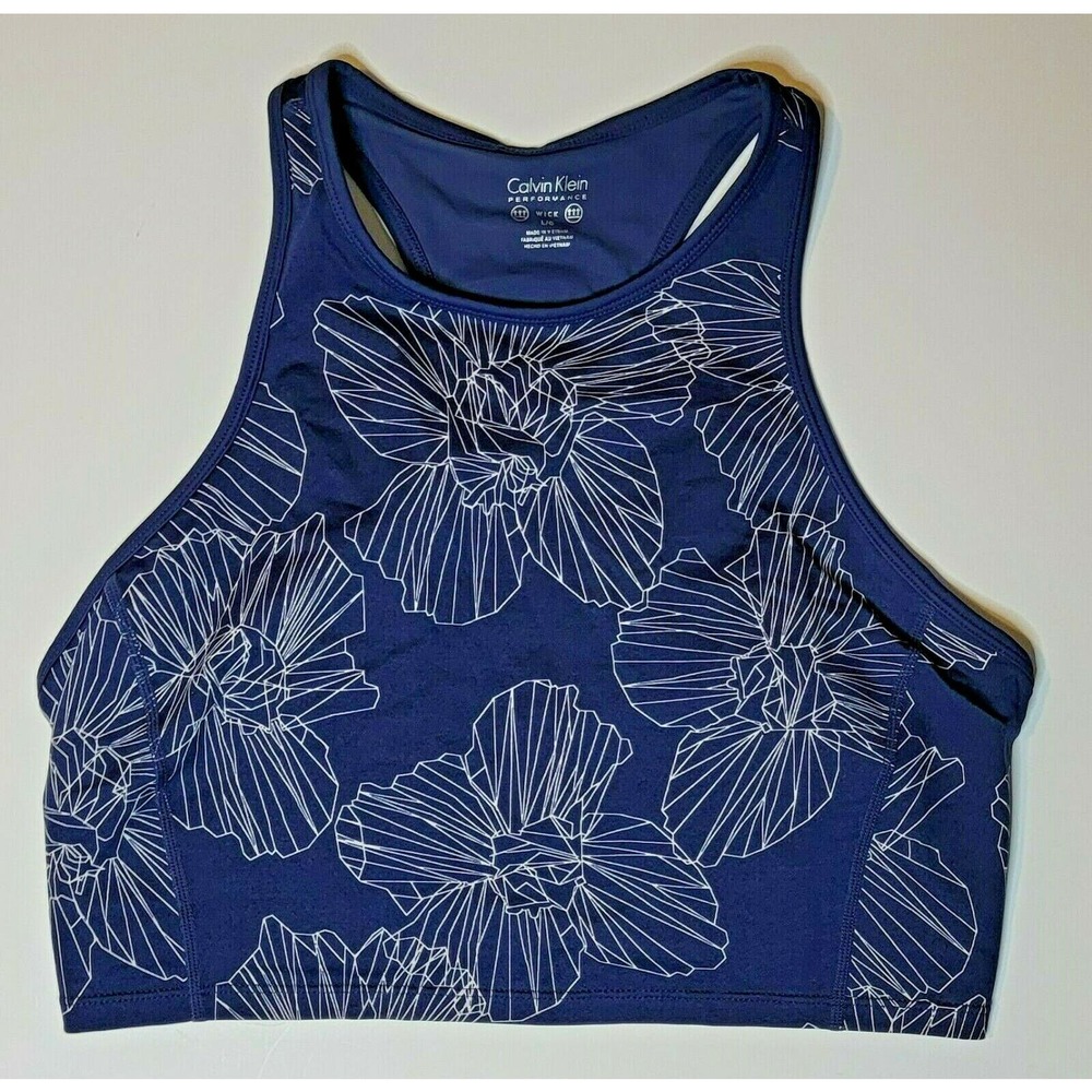 Calvin Klein Performance Wick Cropped Tank Top Sports Bra Size XL Navy Floral